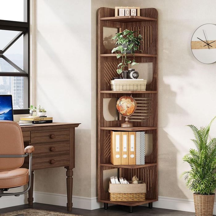 6 Tier Narrow Corner Bookshelf Storage For Living Room - Brown