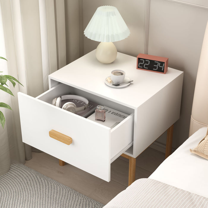 Nightstand With Drawer, Minimalist Bedside Table With Handle For Bedroom - White