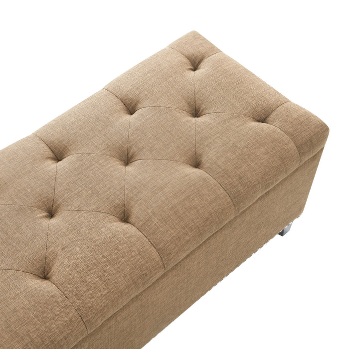 Button-Tufted Storage Ottoman With Safety Close Hinge