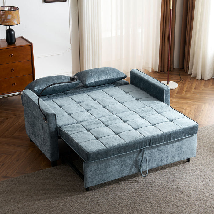 Pull-Out Sleeper Sofa With Reversible Backrest Cushion, Side Pockets, 2 USB Ports And A Phone Holder For Living Room