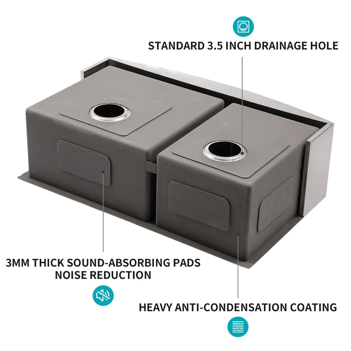 Double Bowl Sink 60 / 40 Split Apron Front Kitchen Sink In 16 Gauge With 2 10" Deep Basins 33" X21" X10" - Brushed Nickel