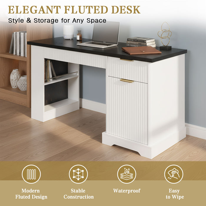 Modern Fluted Office Desk With Storage Cabinet