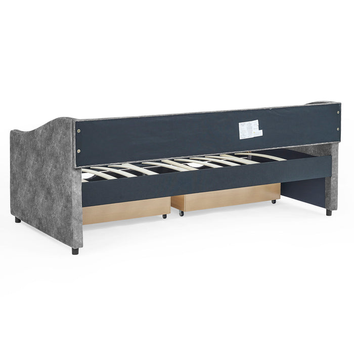 Upholstered Tufted Daybed With 2 Drawers, Waved Arms