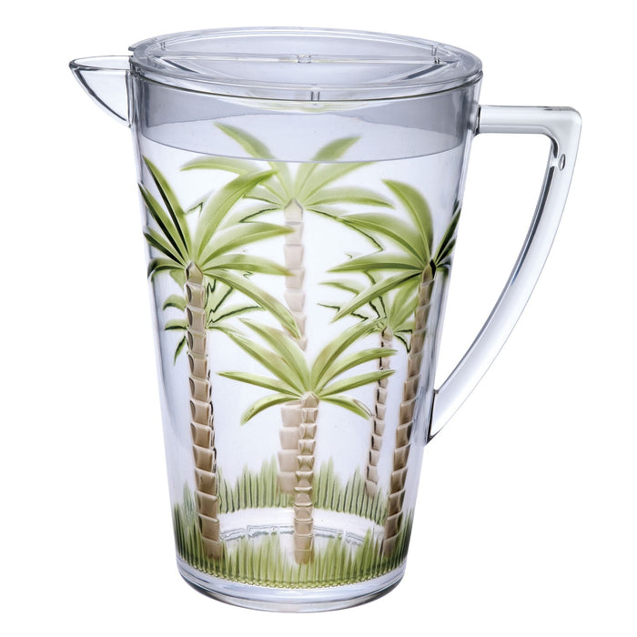 Unbreakable Plastic Water Pitcher With Lid, Palm Tree Design - Clear