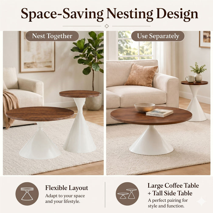 2 Piece Round Coffee Table Set - Walnut / White