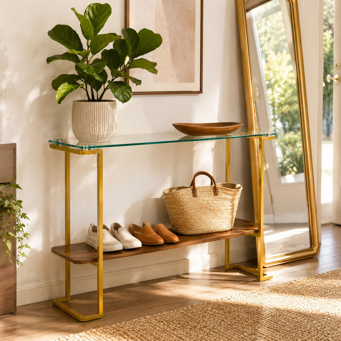 Console Table With Shelf, 2 Tier Living Room - Gold / Walnut