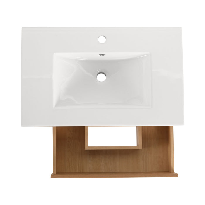 Modern Wall Mounted Bathroom Vanity With Ceramic Sink And Storage Rack, 2 Soft Close Drawers