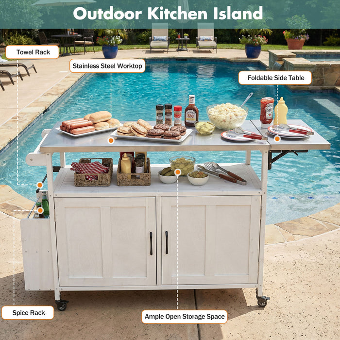 Foldable Outdoor Kitchen Island With Lockable Wheels, Storage Cabinet And Towel Rack For Patio