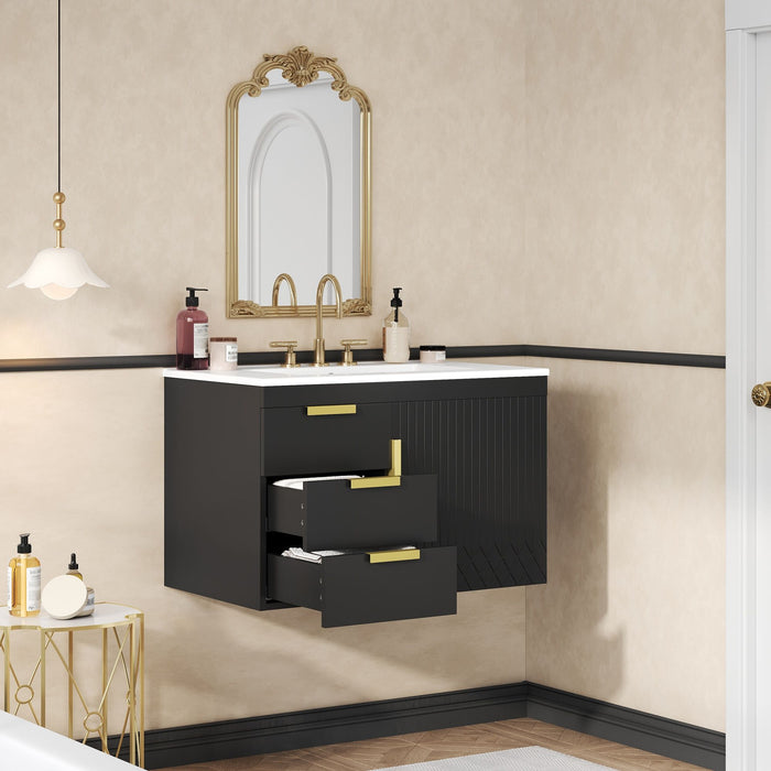 Modern Wall Mounted Bathroom Cabinet With Ceramic Sink, Soft-Closing Drawer And Door
