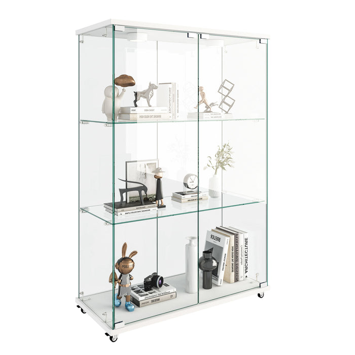 Modern Display Cabinet With LED Lights, Transparent Tempered Glass 2 Door Storage Case With 3 Shelves