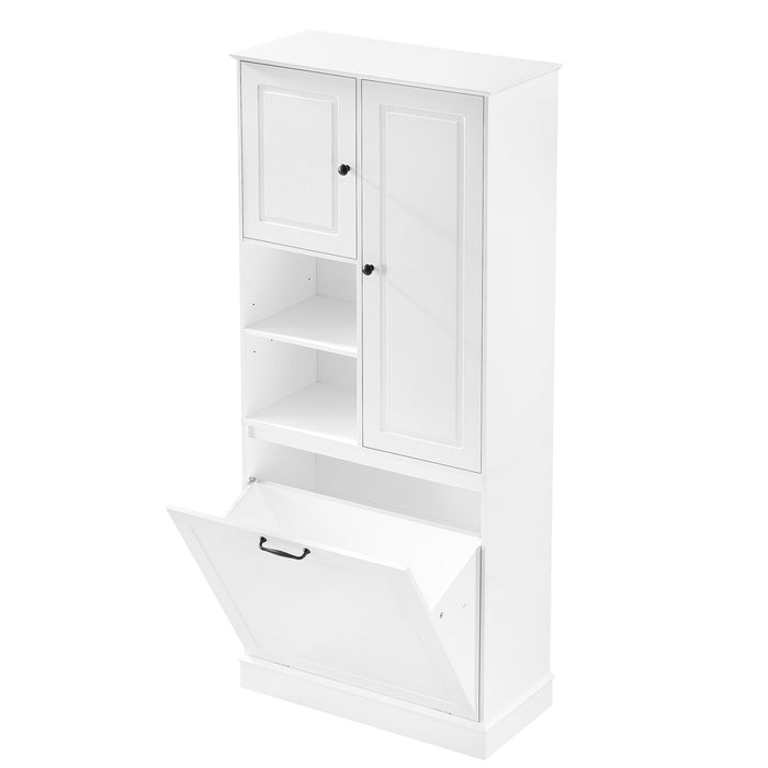Modern Tall Storage Cabinet With Adjustable Shelves, Flip-Out Basket & Enclosed Doors