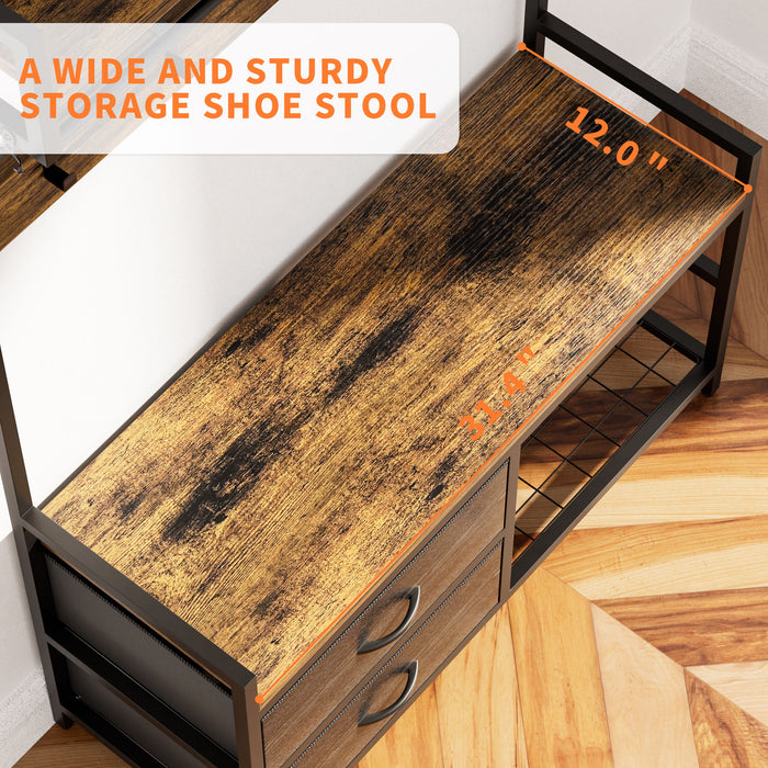 Hall Tree With 2 Movable Drawers, Shoe Storage, Shelves, Garment Racks, And 23 Hooks For Entryway - Rustic Brown