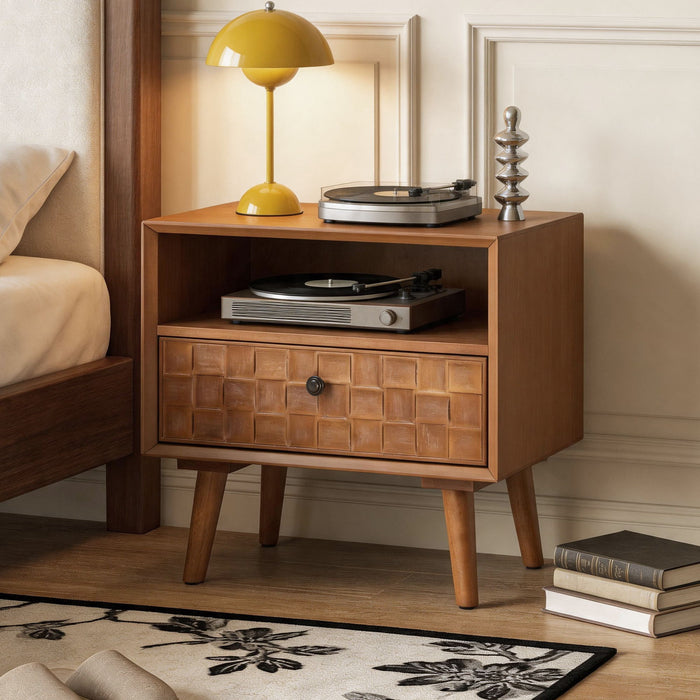 Nightstand With Carved Geometric Drawer Front, 1 Drawer And Open Shelf