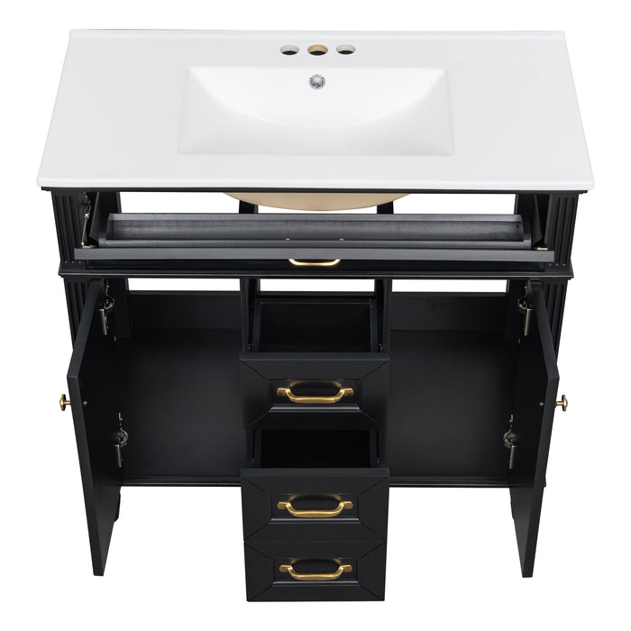 Bathroom Vanity With Sink, Flip-Out Top Drawer, Soft Close Doors, 2 Storage Drawers