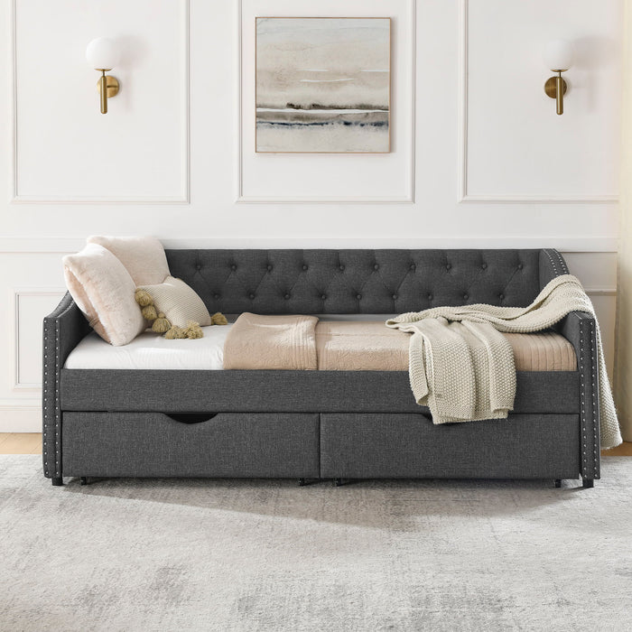 Upholstered Tufted Daybed With 2 Drawers, Waved Arms