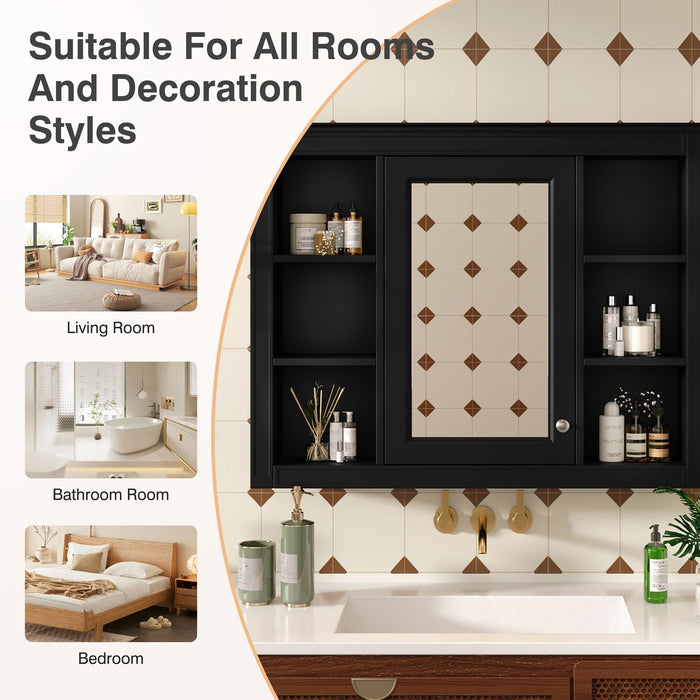 Wall-Mounted Medicine Cabinet With Mirror, 6 Open Shelves And Adjustable Interior - Black