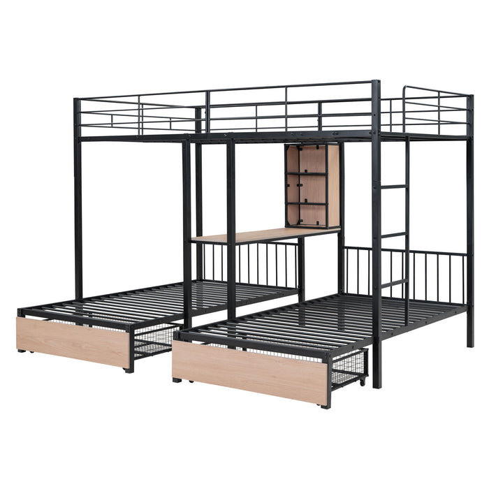 Triple Bunk Bed With Drawers, Multi-Functional Frame With Desks And Shelves In The Middle