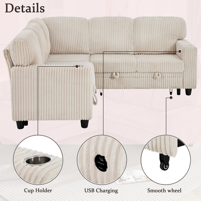 L-Shaped Sofa With Pull Out Sofa Bed With USB