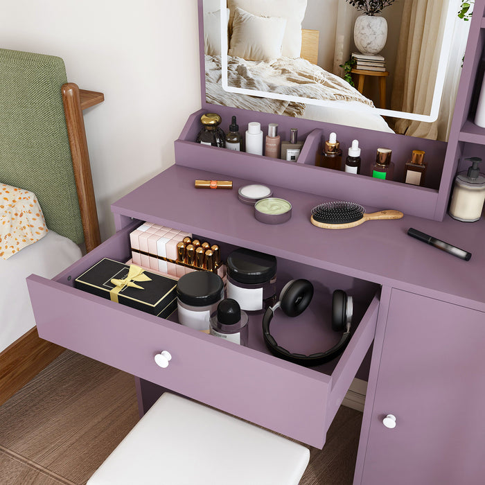 Vanity Desk Set With Padded Stool & Adjustable LED Mirror, 3 Color Mode Lighting, Compact For Bedroom - Purple