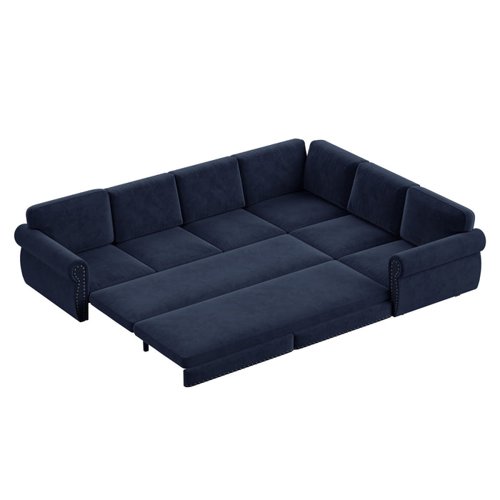 L-Shaped Sofa Couch With Pull Out Bed With Nailhead Trim & Rolled Arm