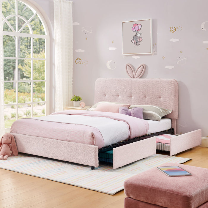 Upholstered Bed With Oversized Rabbit Ear Headboard, LED Lights & 4 Storage Drawers