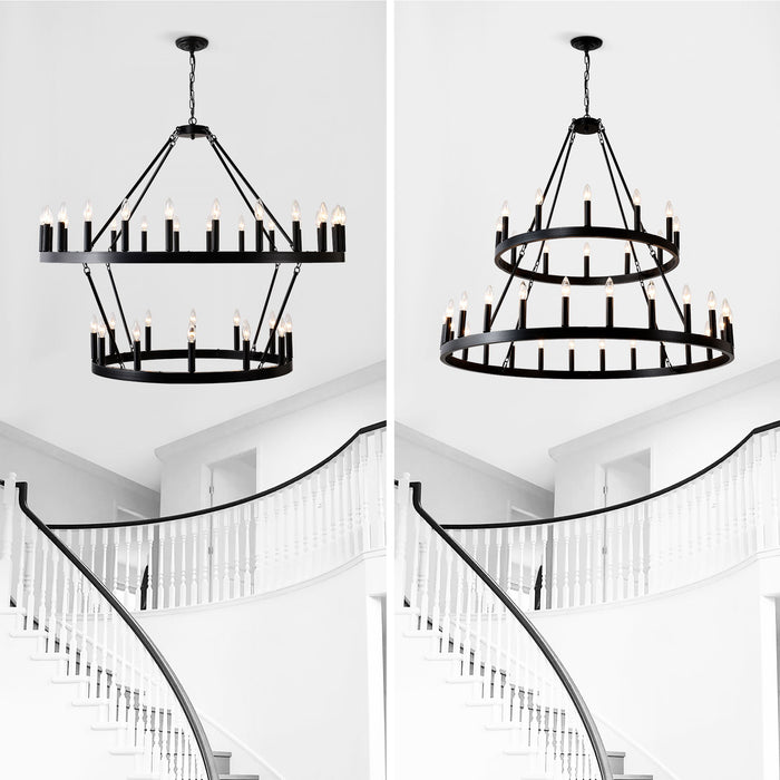 2 Tiers Wagon Wheel Chandelier Wooden Farmhouse 36 Light (24 / 12) Or (12 / 24) Metal Chandeliers 2 Story Light Fixtures Industrial For High Ceiling Living Dining Room Foyer, Adjustable Height - Black