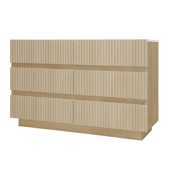 Fluted 6 Drawers Dresser, Double Dresser Chest Of Drawers, Modern Chest Of Drawers With LED, Drawer Organizer For Bedroom, Living Room, Hallway - Natural