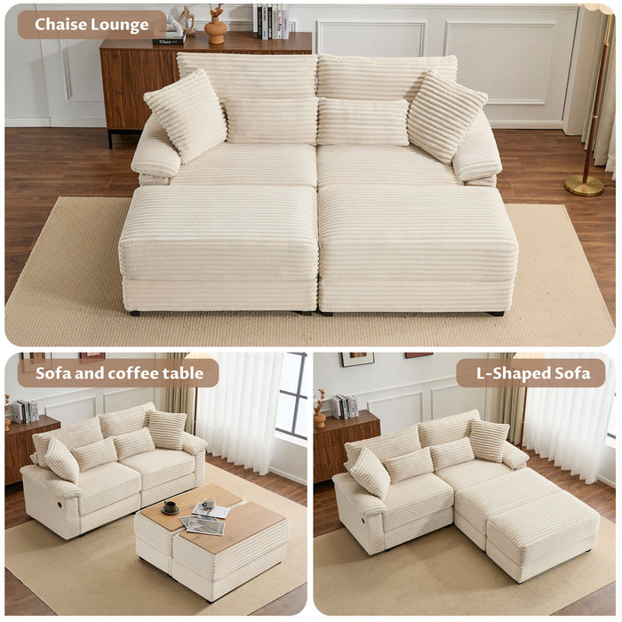 Double Chaise Lounge Set With Reversible Storage Ottomans, USB Port