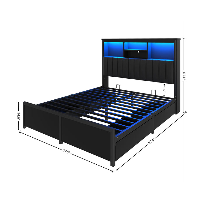 Bed Frame With High Storage Headboard, LED Light And Charging Station, 4 Storage Drawers