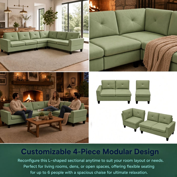 Modular L - Shaped Sectional Sofa, 6 Seater, 4 Piece Couch With Chaise - Green