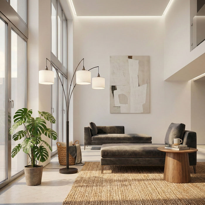 Royal - 3 Arm Arc Floor Lamp, Oil Rubbed Bonze With Linen Shade, 4 Way Rotary Switch - Oil-Rubbed Bronze