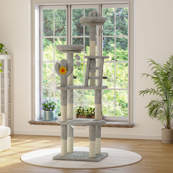 Cactus Cat Tree With Transparent Capsule, Sisal Scratching Posts - Gray