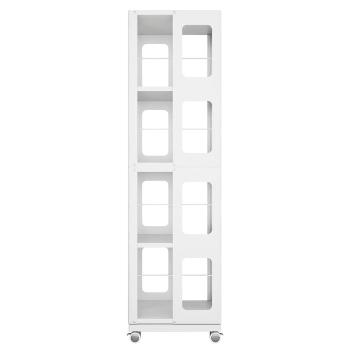4 Tier All Steel Rotating Bookshelf With 360° Wheels, Large Size Sturdy & Spacious Book Rack, New Style Bookshelf - White