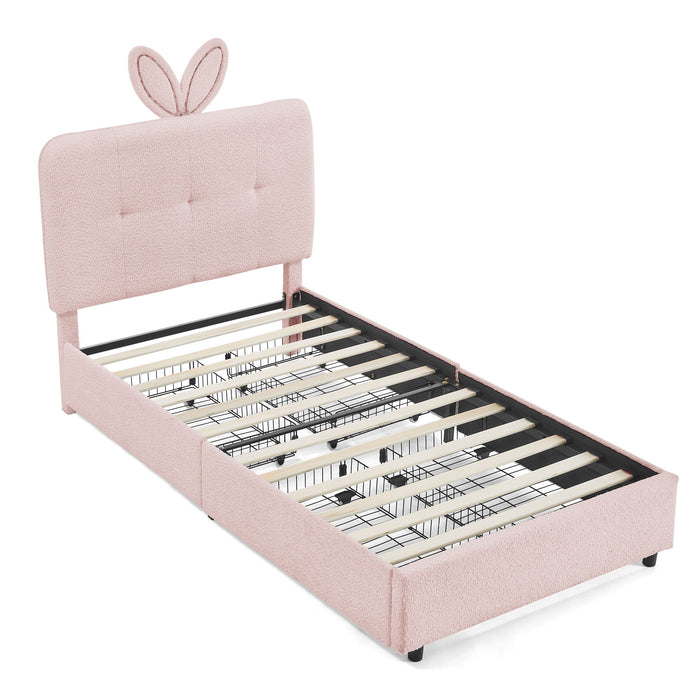 Upholstered Bed With Oversized Rabbit Ear Headboard, LED Lights & 4 Storage Drawers