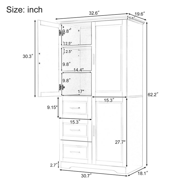 Tall And Wide Storage Cabinet With Doors For Bathroom Or Office, 3 Drawers - Gray