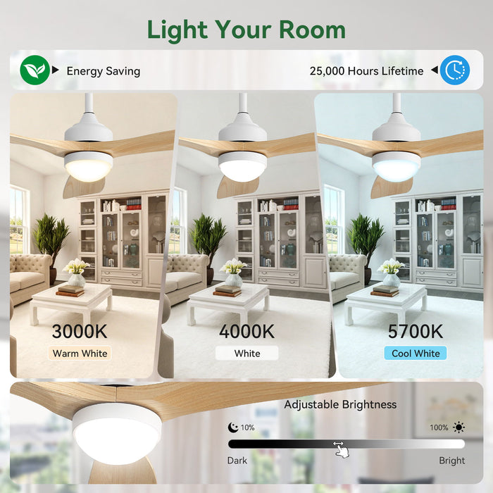 52" Ceiling Fan With Dimmable LED Light, 6 Speed DC Motor, 3 Blades