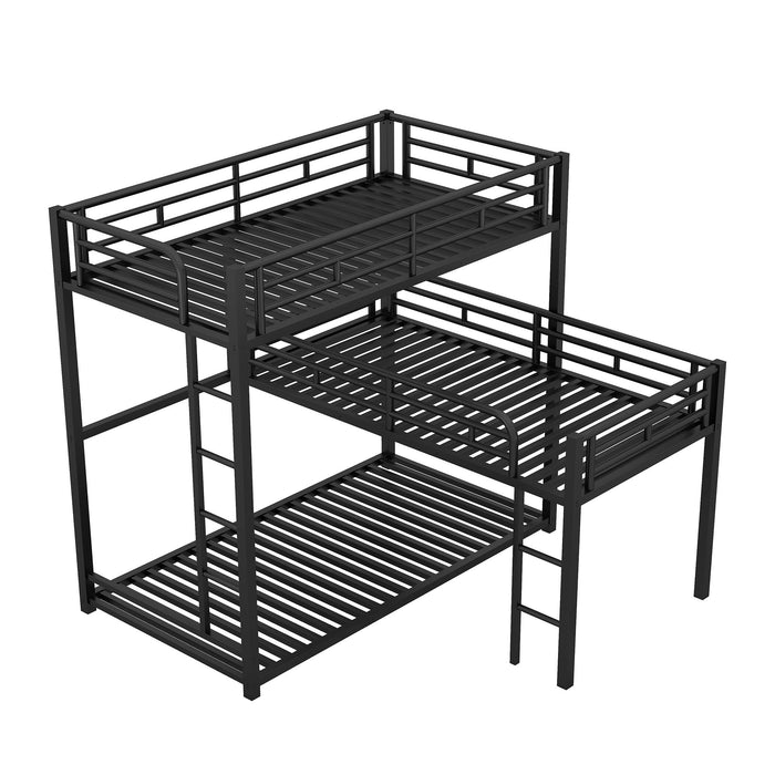 L-Shaped Triple Twin Size Bunk Bed, Industrial Design With Integrated Ladder And Full Length Guardrails - Black
