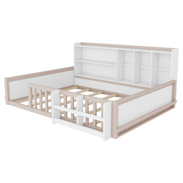 Platform Bed Frame With Guardrail, Storage Shelves & Bookshelf