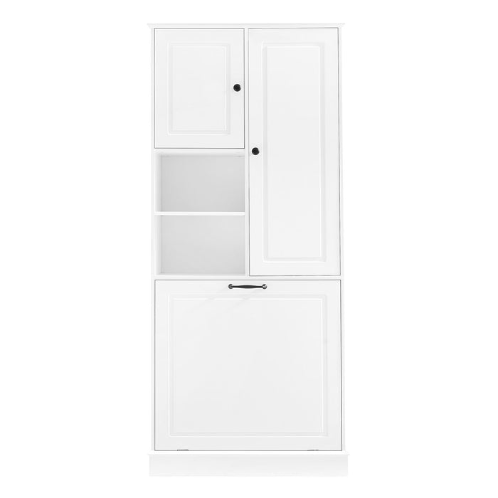 Modern Tall Storage Cabinet With Adjustable Shelves, Flip-Out Basket & Enclosed Doors