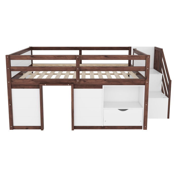 Low Loft Bed Frame With Built In Stairs, Storage Drawer, Shelf And 7 Color LED Light