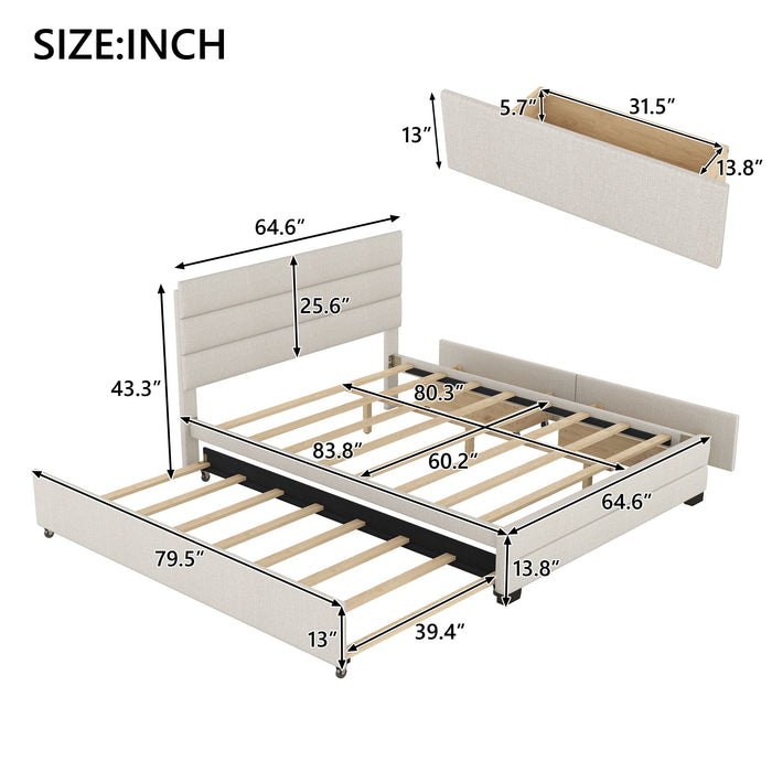 Queen Platform Bed With Twin Trundle And 2 Storage Drawers - Beige