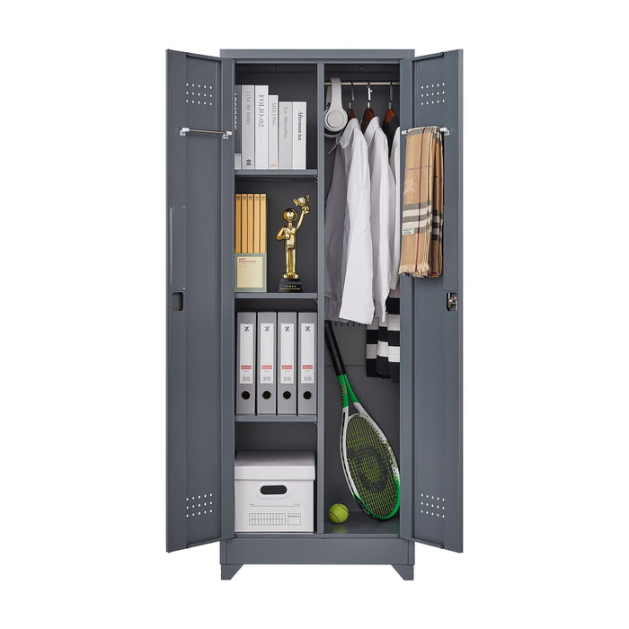 Heavy Duty Storage Cabinet With Locking Doors, Hanging Rod & Shelves, Broom Closet - Gray