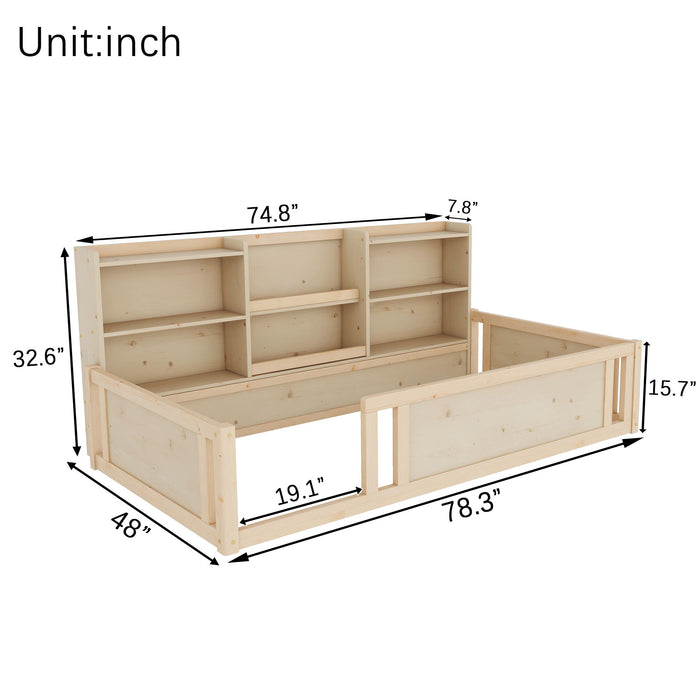 Platform Floor Bed With Guardrail Fence And Side Storage Shelves