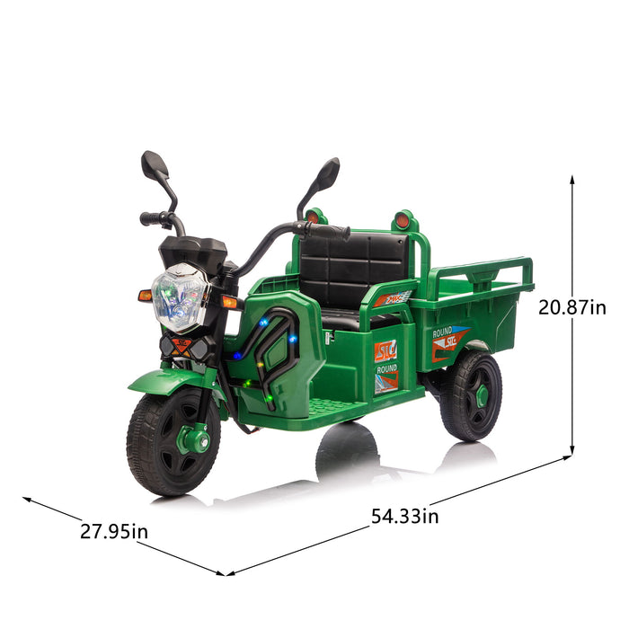 12V Kids Electric 3 Wheel Cargo Truck, 2Wd, Anti Slip Wheels, Large Storage, Extra Wide Seat With LED Lights & Music - Green