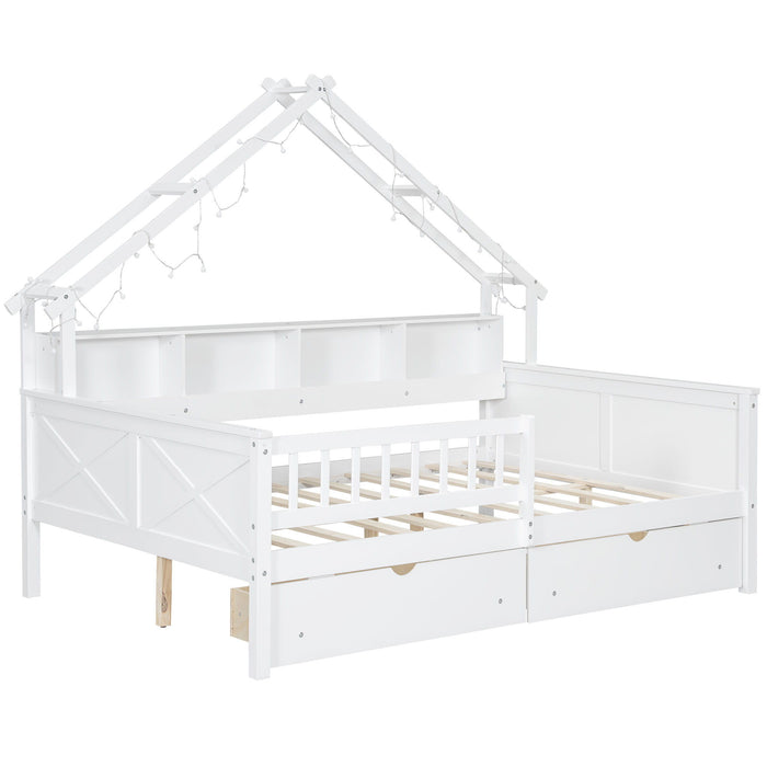 House Style Platform Bed With LED Lights, Storage Shelves, Drawers, And Guardrail