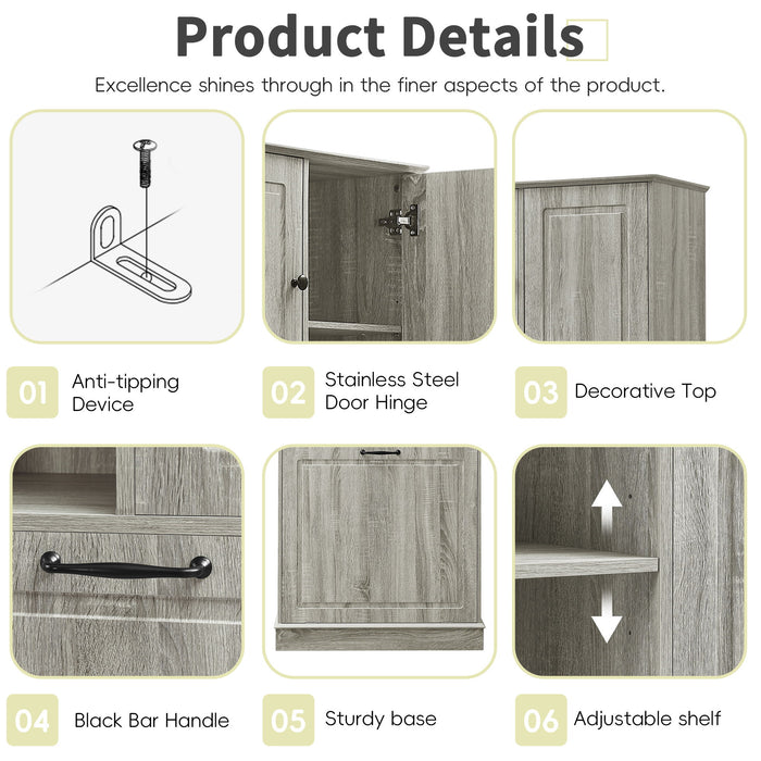 Modern Tall Storage Cabinet With Adjustable Shelves, Flip-Out Basket & Enclosed Doors