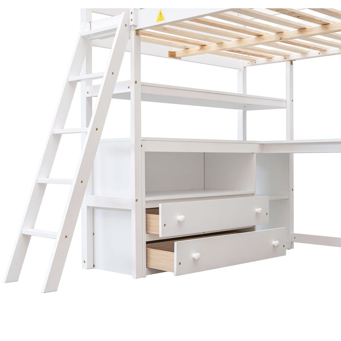 Modern Loft Bed With Built In Desk, Shelves, And 2 Drawers
