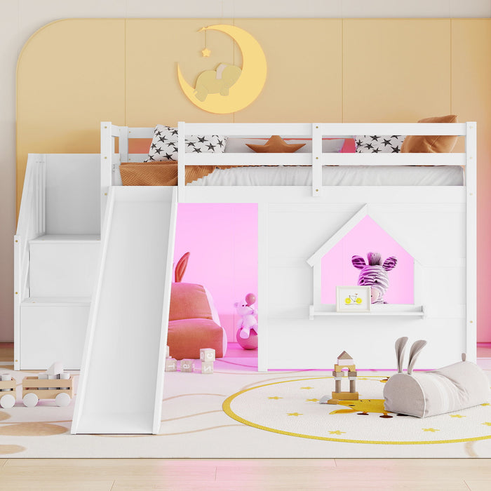 Loft Bed With Storage Stairs, Slide, Playhouse Window And 7 Colors LED Lights
