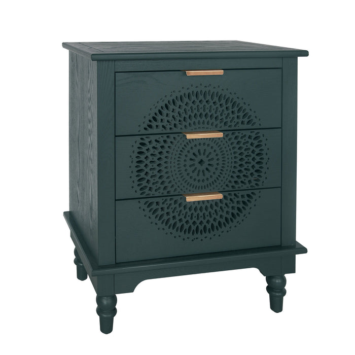 Hollow Carved 3 Drawer Dresser With Metal Handles, Storage Chest For Living Room Or Bedroom - Blackish Green