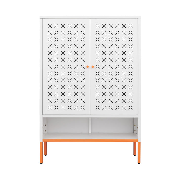 Grid Double Door Shoe Cabinet With Adjustable Compartments And Moisture-Proof Design In White Metal